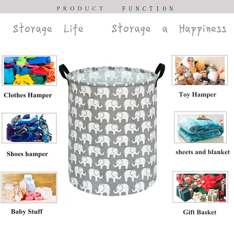 KUNRO Round Laundry Gift Basket Storage Hamper, Clothes Storage Organizer Bins, Shelf Basket with Handles for Room Decor (Elephant) - Image 3
